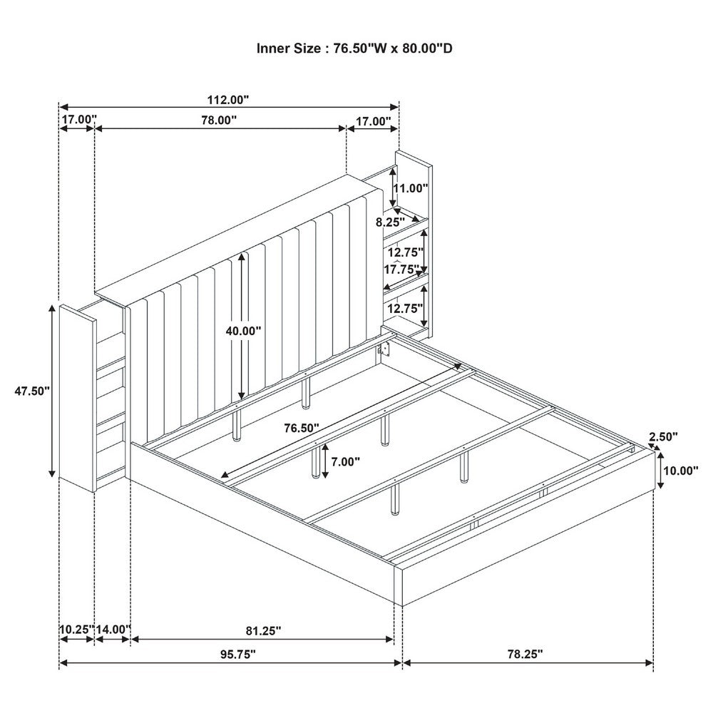 Poxy King Bed with Pull-Out Bookcase | Light Tan Channel Tufted Fabric