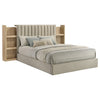 Poxy Queen Bed with Pull-Out Bookcase | Light Tan Channel Tufted Fabric