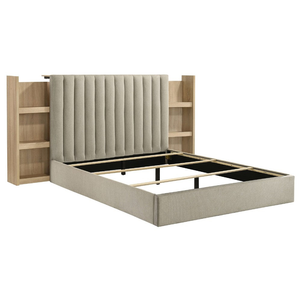 Poxy Queen Bed with Pull-Out Bookcase | Light Tan Channel Tufted Fabric