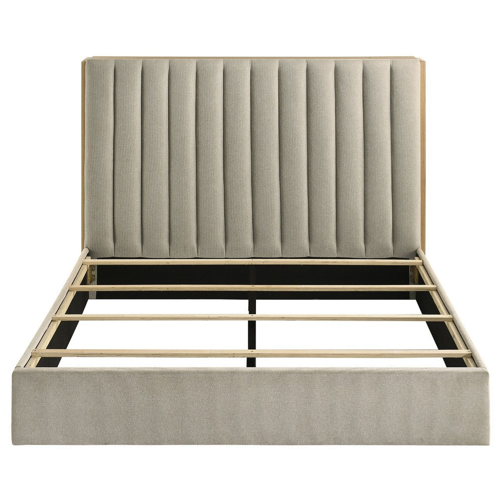 Poxy Queen Bed with Pull-Out Bookcase | Light Tan Channel Tufted Fabric