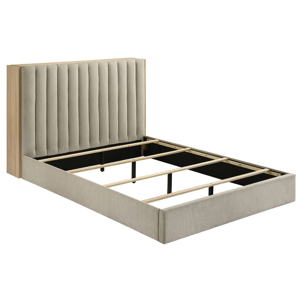 Poxy Queen Bed with Pull-Out Bookcase | Light Tan Channel Tufted Fabric