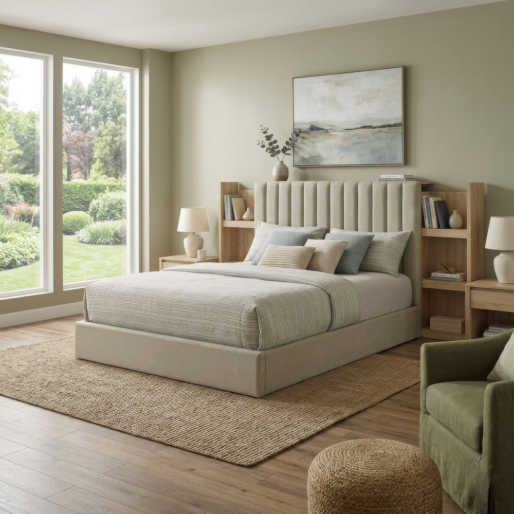 Poxy Queen Bed with Pull-Out Bookcase | Light Tan Channel Tufted Fabric