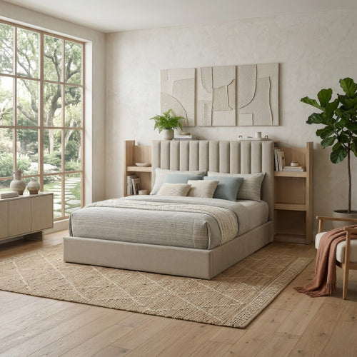 Poxy Queen Bed with Pull-Out Bookcase | Light Tan Channel Tufted Fabric
