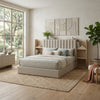 Poxy Queen Bed with Pull-Out Bookcase | Light Tan Channel Tufted Fabric