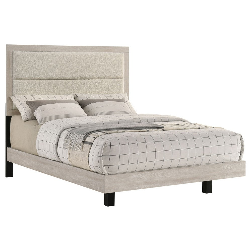Qanto Full Panel Bed | Beige Tufted Fabric Headboard | Rustic Cream Wood