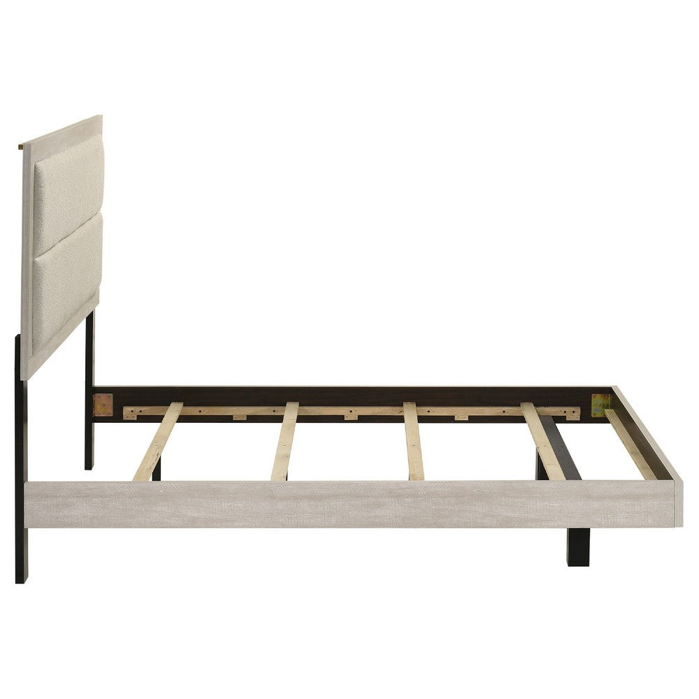 Qanto Full Panel Bed | Beige Tufted Fabric Headboard | Rustic Cream Wood