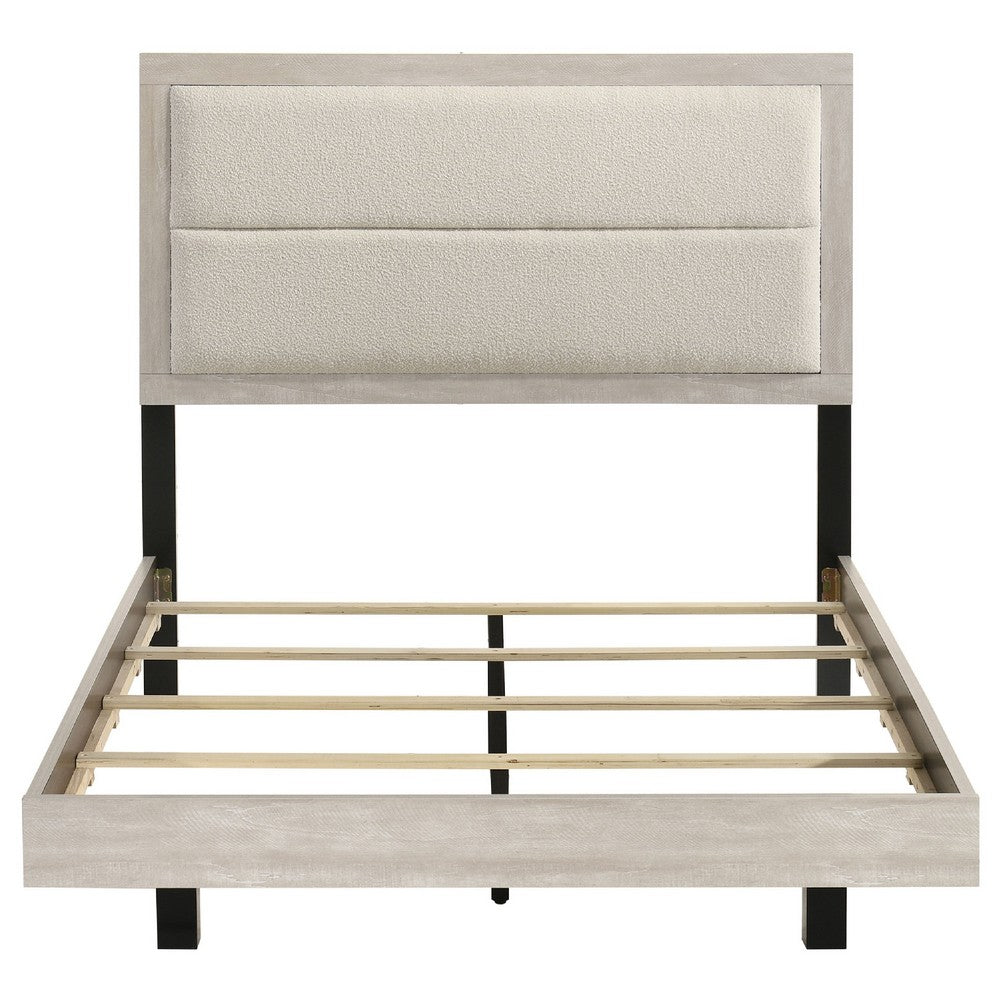 Qanto Full Panel Bed | Beige Tufted Fabric Headboard | Rustic Cream Wood