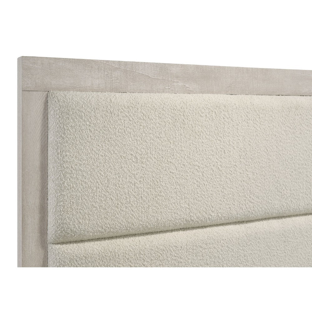 Qanto Full Panel Bed | Beige Tufted Fabric Headboard | Rustic Cream Wood
