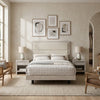 Qanto Full Panel Bed | Beige Tufted Fabric Headboard | Rustic Cream Wood
