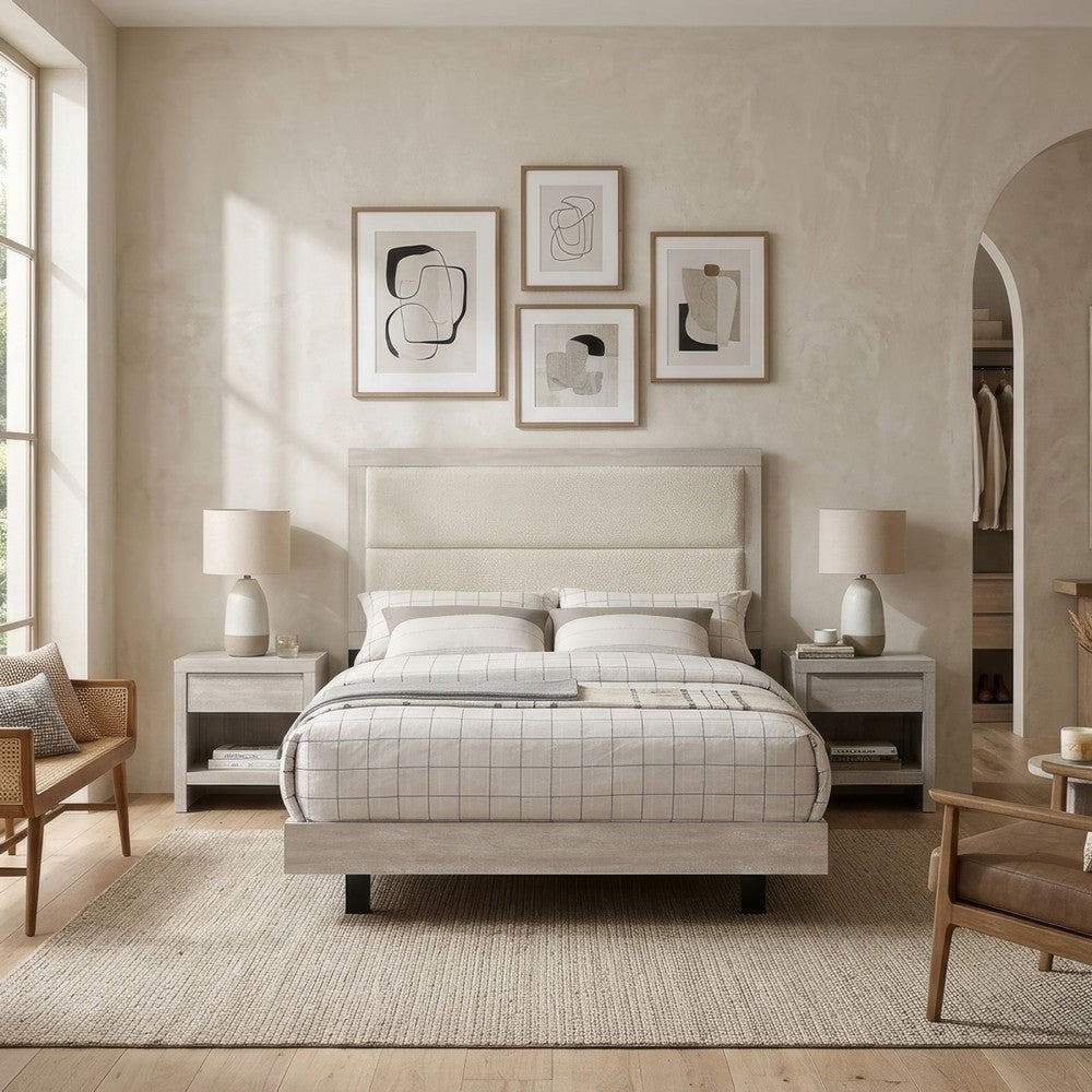 Qanto Full Panel Bed | Beige Tufted Fabric Headboard | Rustic Cream Wood
