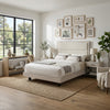 Qanto Full Panel Bed | Beige Tufted Fabric Headboard | Rustic Cream Wood