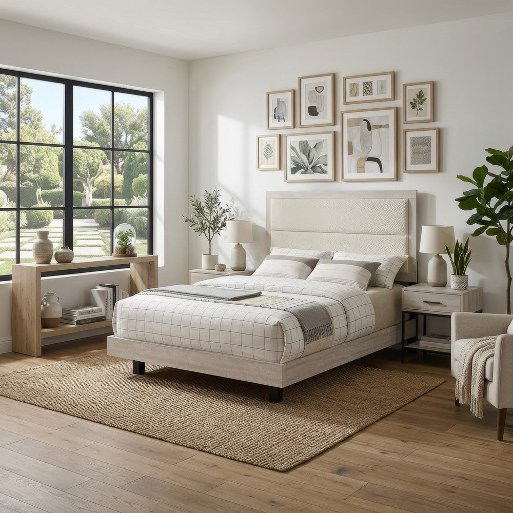 Qanto Full Panel Bed | Beige Tufted Fabric Headboard | Rustic Cream Wood