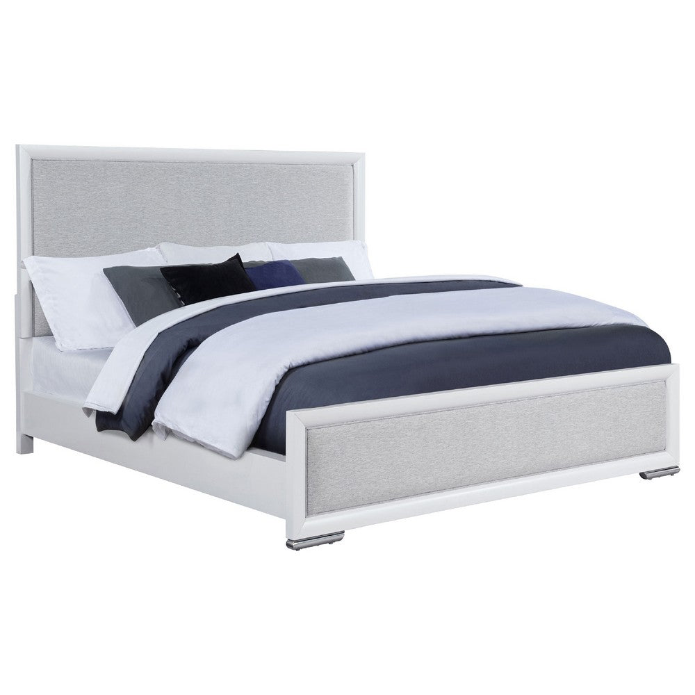 Ruvie King Panel Bed with Gray Herringbone Weave Fabric | White Wood
