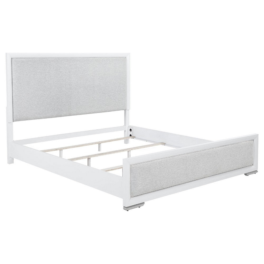 Ruvie King Panel Bed with Gray Herringbone Weave Fabric | White Wood