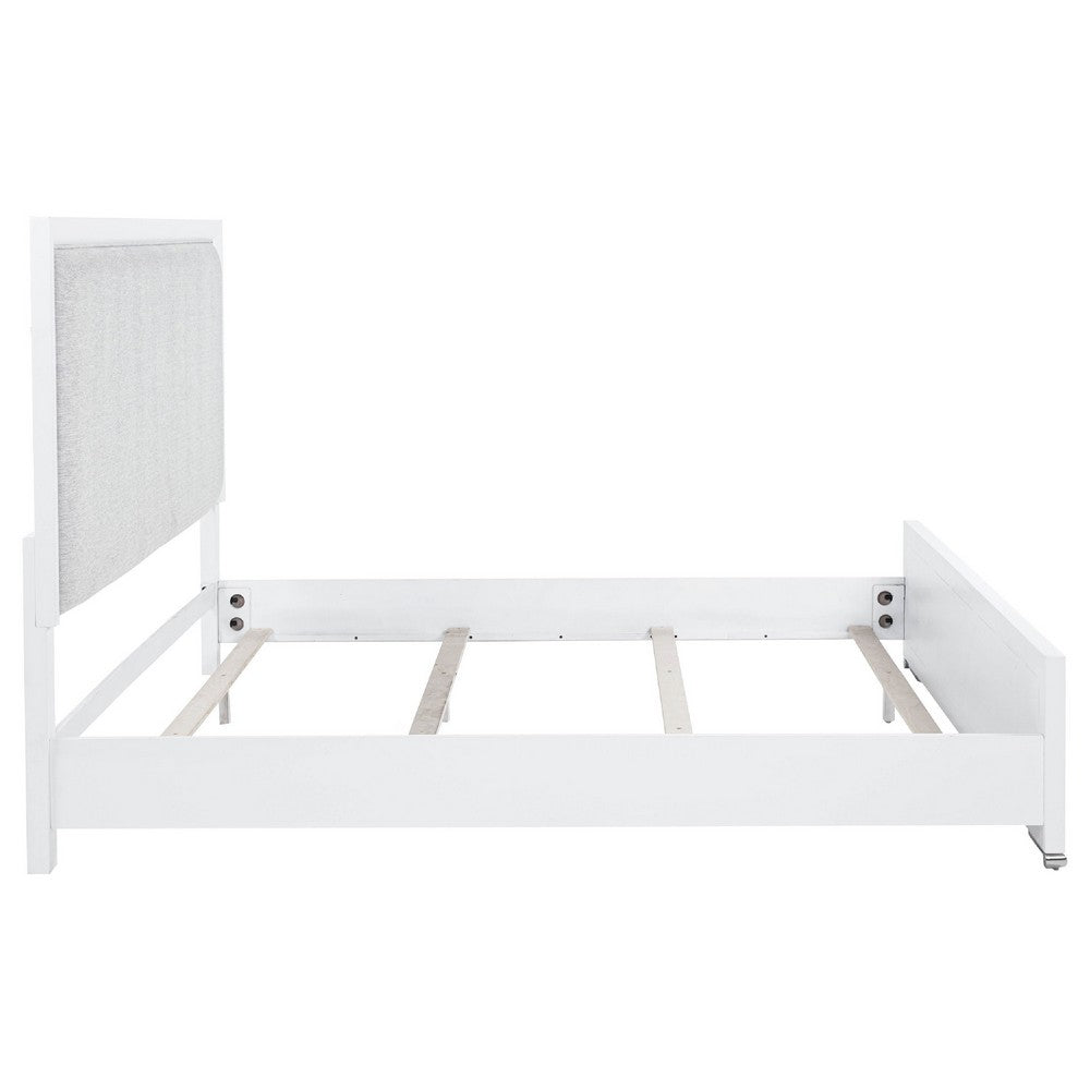 Ruvie King Panel Bed with Gray Herringbone Weave Fabric | White Wood