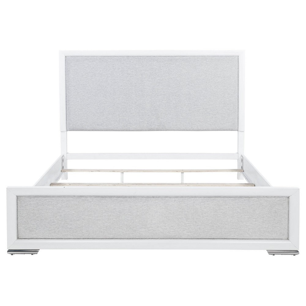 Ruvie King Panel Bed with Gray Herringbone Weave Fabric | White Wood