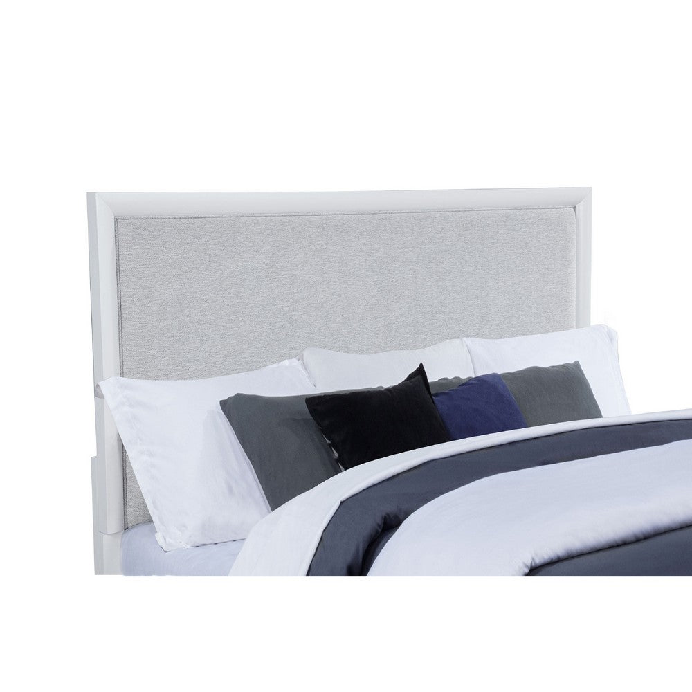 Ruvie King Panel Bed with Gray Herringbone Weave Fabric | White Wood