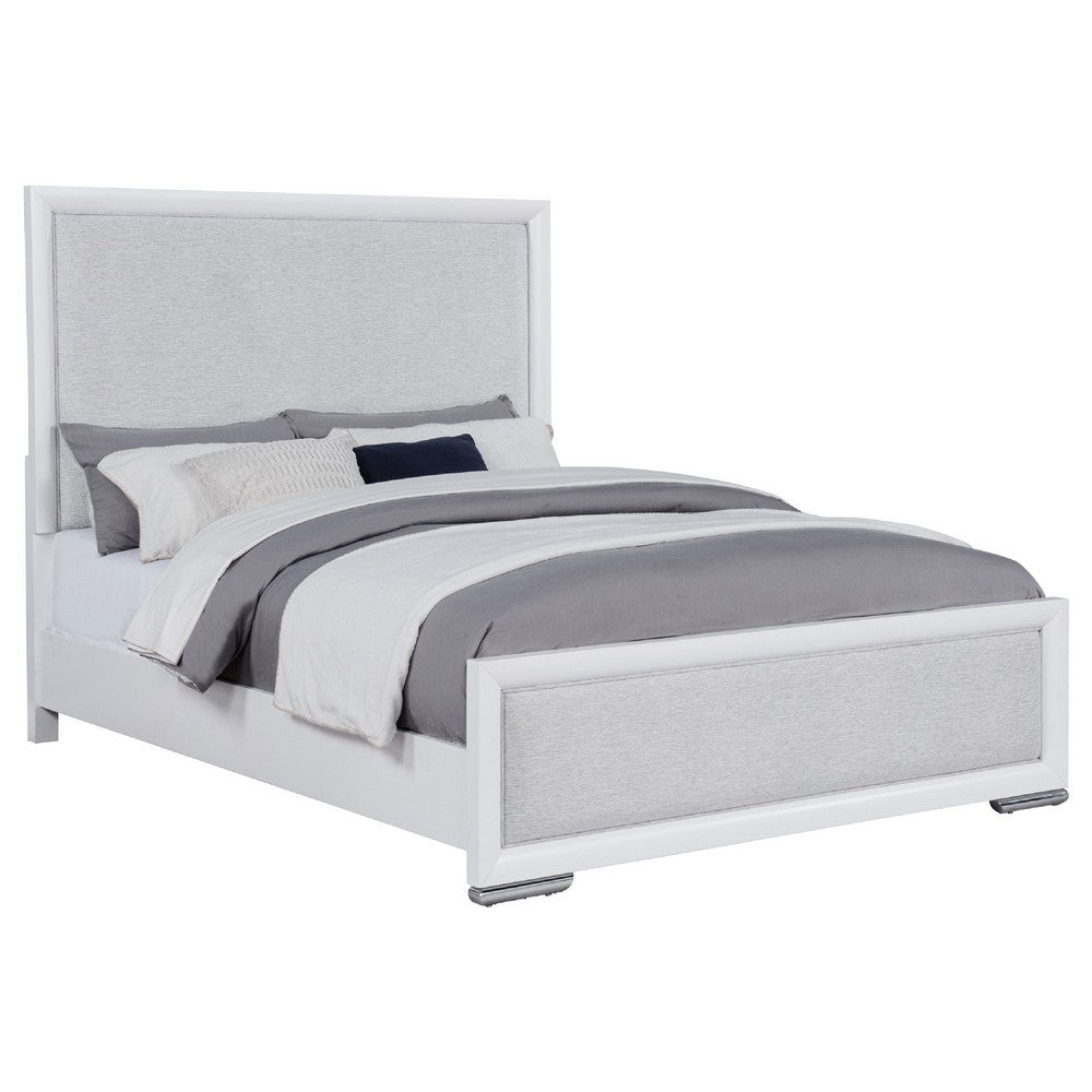 Ruvie Queen Panel Bed with Gray Herringbone Weave Fabric | White Wood