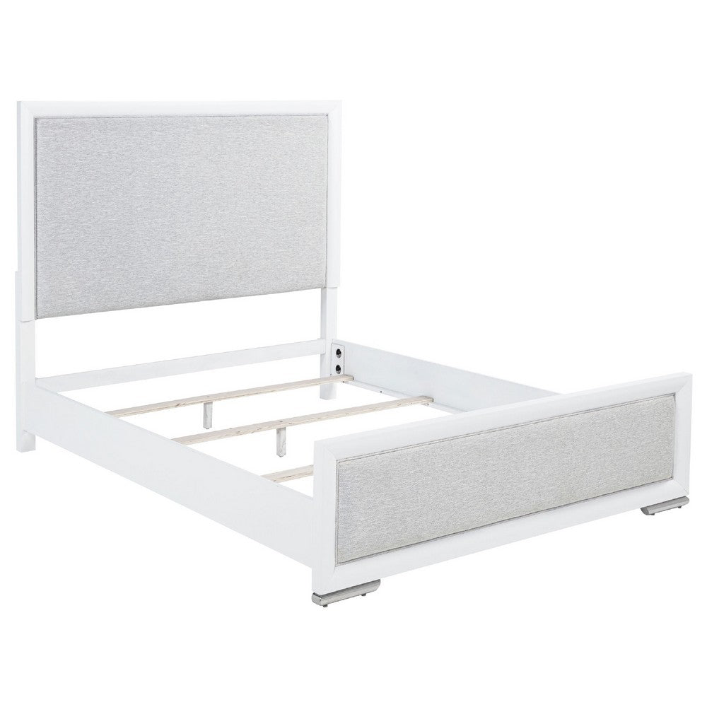 Ruvie Queen Panel Bed with Gray Herringbone Weave Fabric | White Wood