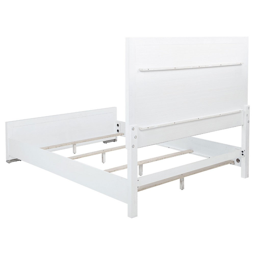 Ruvie Queen Panel Bed with Gray Herringbone Weave Fabric | White Wood