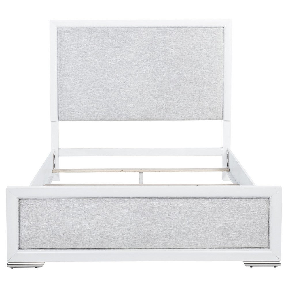 Ruvie Queen Panel Bed with Gray Herringbone Weave Fabric | White Wood
