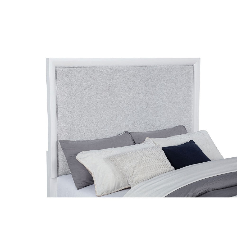Ruvie Queen Panel Bed with Gray Herringbone Weave Fabric | White Wood