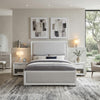 Ruvie Queen Panel Bed with Gray Herringbone Weave Fabric | White Wood