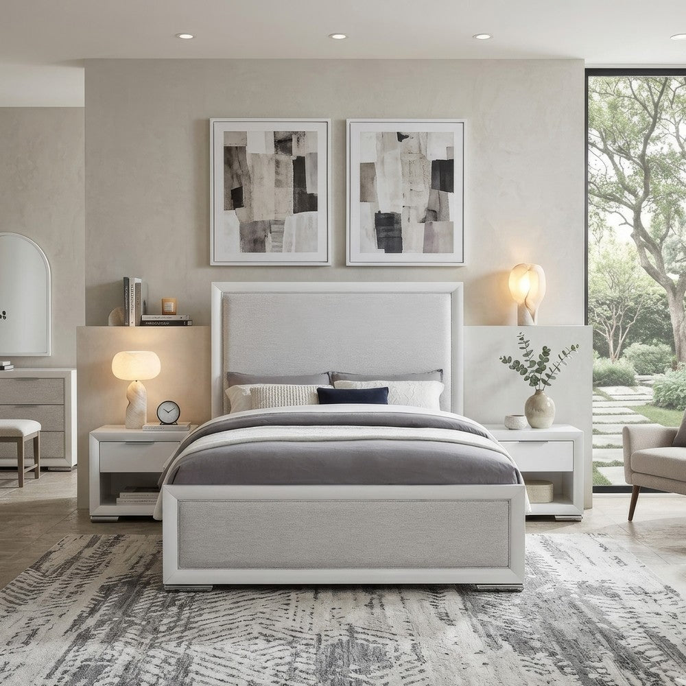 Ruvie Queen Panel Bed with Gray Herringbone Weave Fabric | White Wood