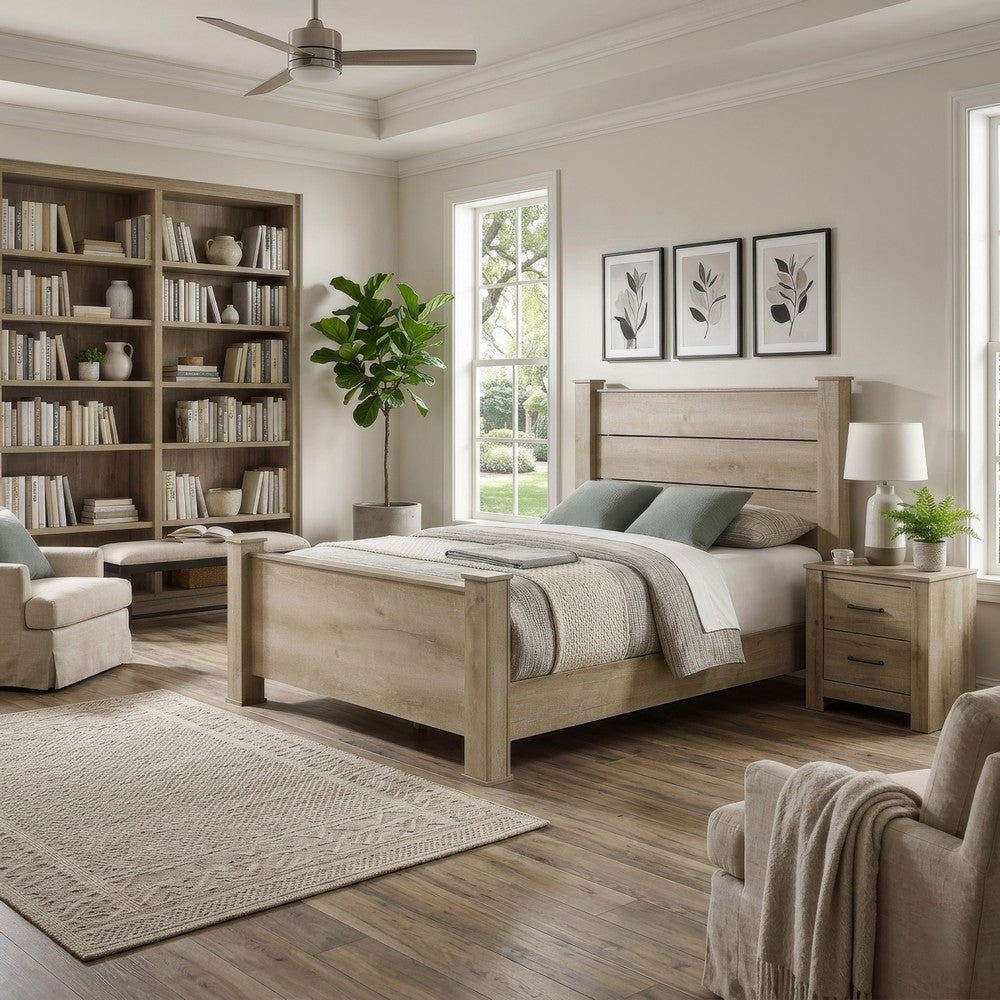 Tyna Rustic Queen Panel Bed with Planked Headboard | Weathered Oak Wood