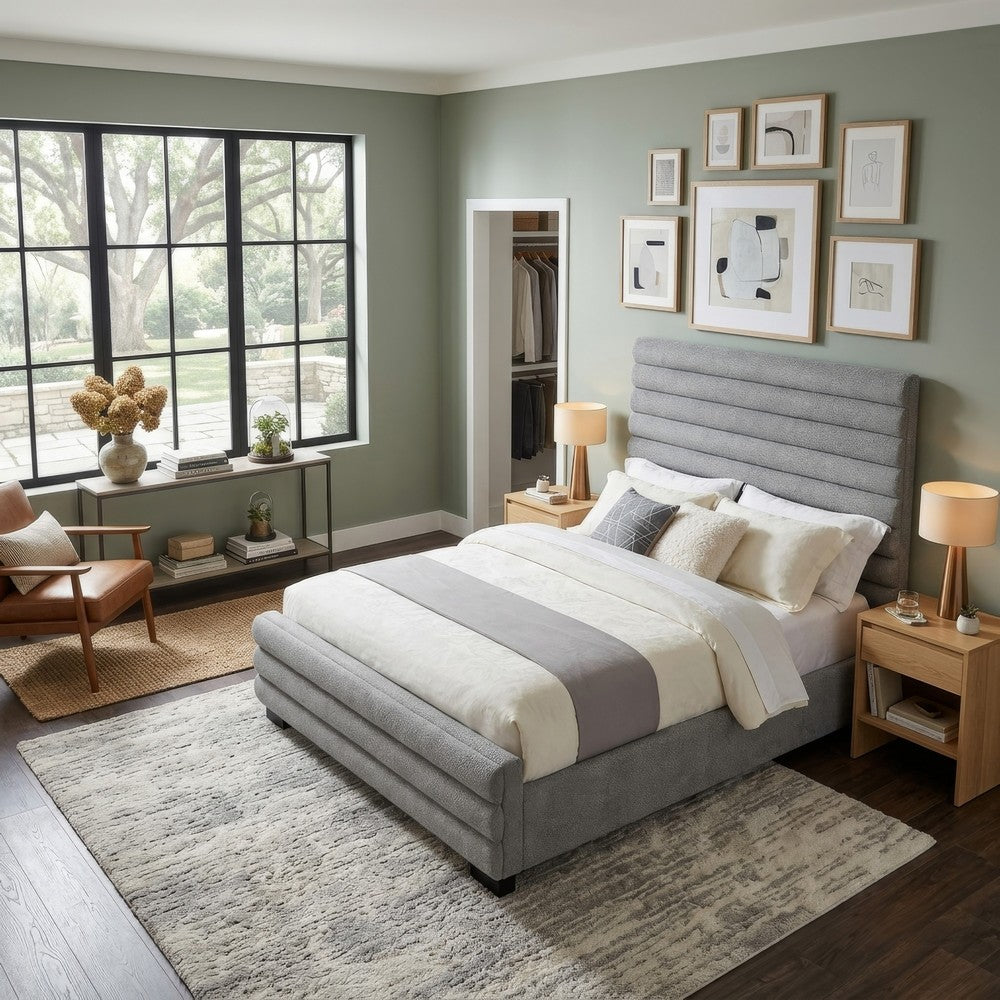 Ricia Queen Bed Frame | Black Block Feet | Gray Channel Tufted Boucle