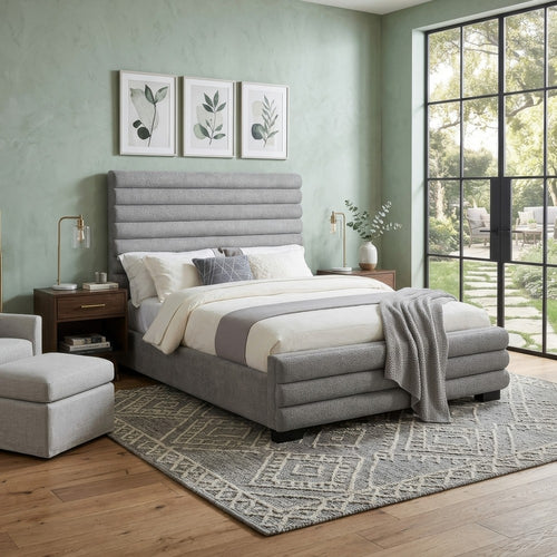 Ricia Queen Bed Frame | Black Block Feet | Gray Channel Tufted Boucle