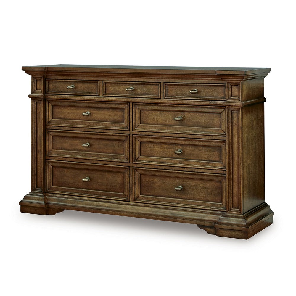 Lesa Classic 71" Dresser | 9 Drawers with Brass Tone Knobs | Brown