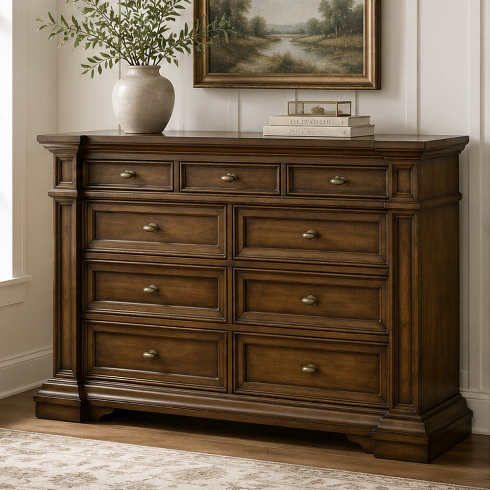 Lesa Classic 71" Dresser | 9 Drawers with Brass Tone Knobs | Brown