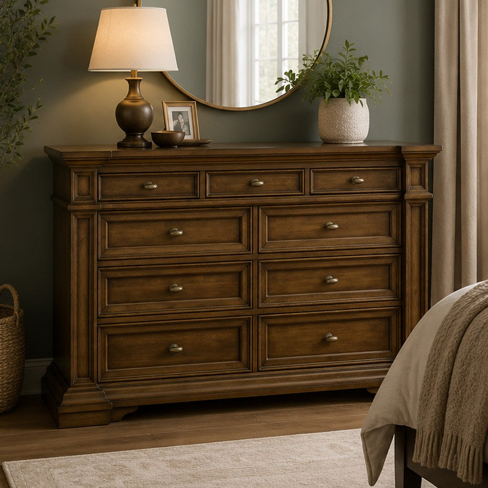 Lesa Classic 71" Dresser | 9 Drawers with Brass Tone Knobs | Brown
