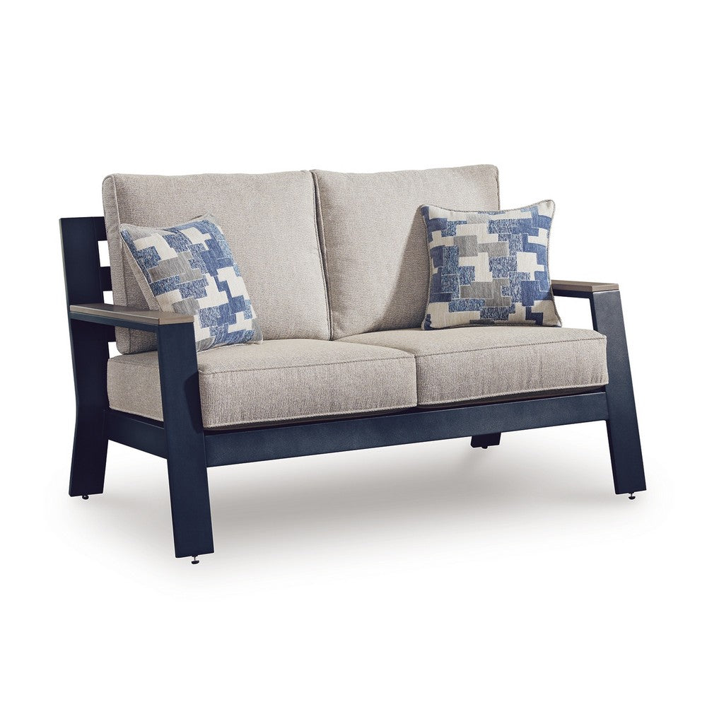 Beco Outdoor Loveseat | 2 Pillows | Beige Cushions | 58" Navy Blue