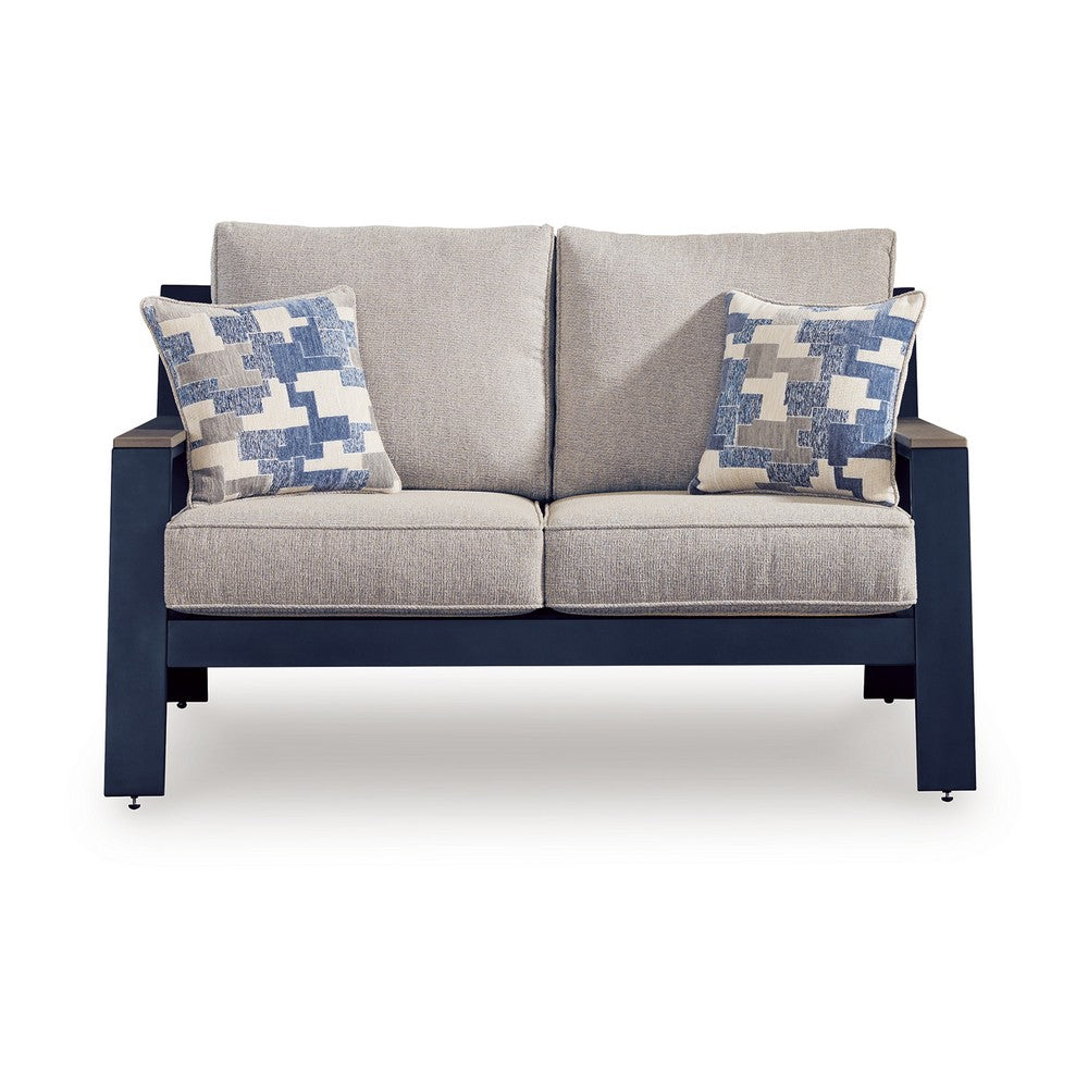 Beco Outdoor Loveseat | 2 Pillows | Beige Cushions | 58" Navy Blue
