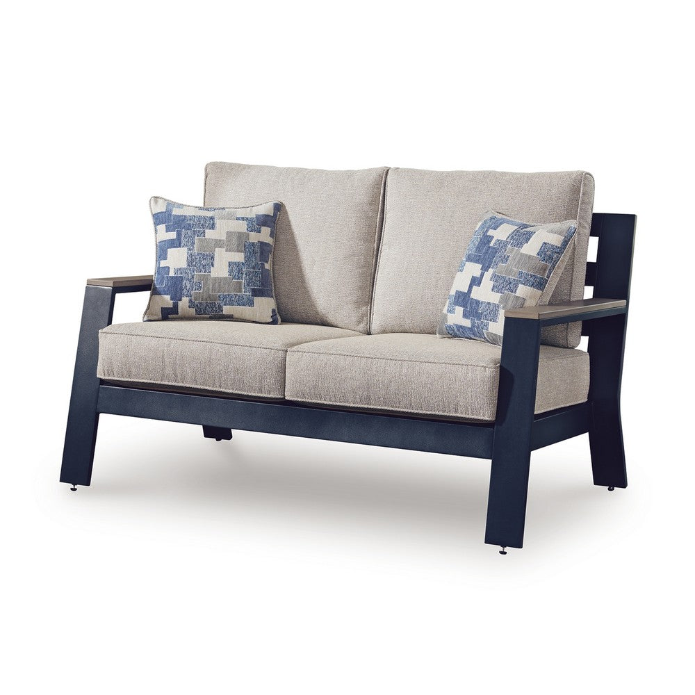 Beco Outdoor Loveseat | 2 Pillows | Beige Cushions | 58" Navy Blue