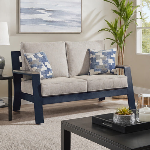 Beco Outdoor Loveseat | 2 Pillows | Beige Cushions | 58" Navy Blue