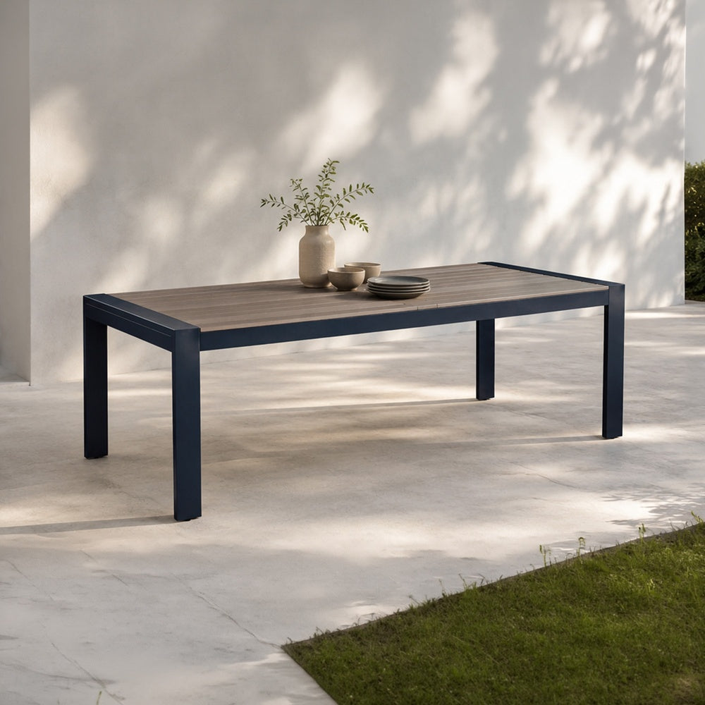 Beco Outdoor Dining Table | 88" Slatted Top | Navy Blue & Brown