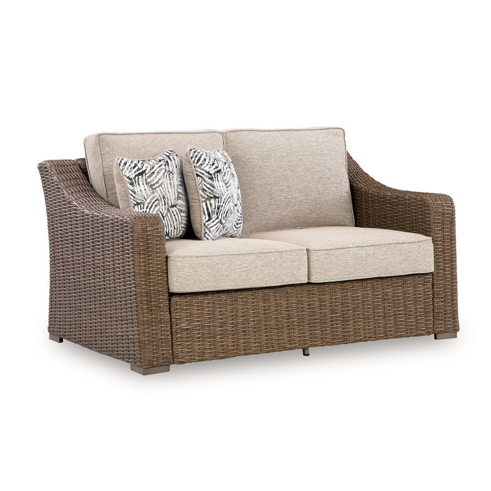 Leso Outdoor Loveseat | 2 Pillows | Beige Cushions | Brown Wicker Rattan 60"