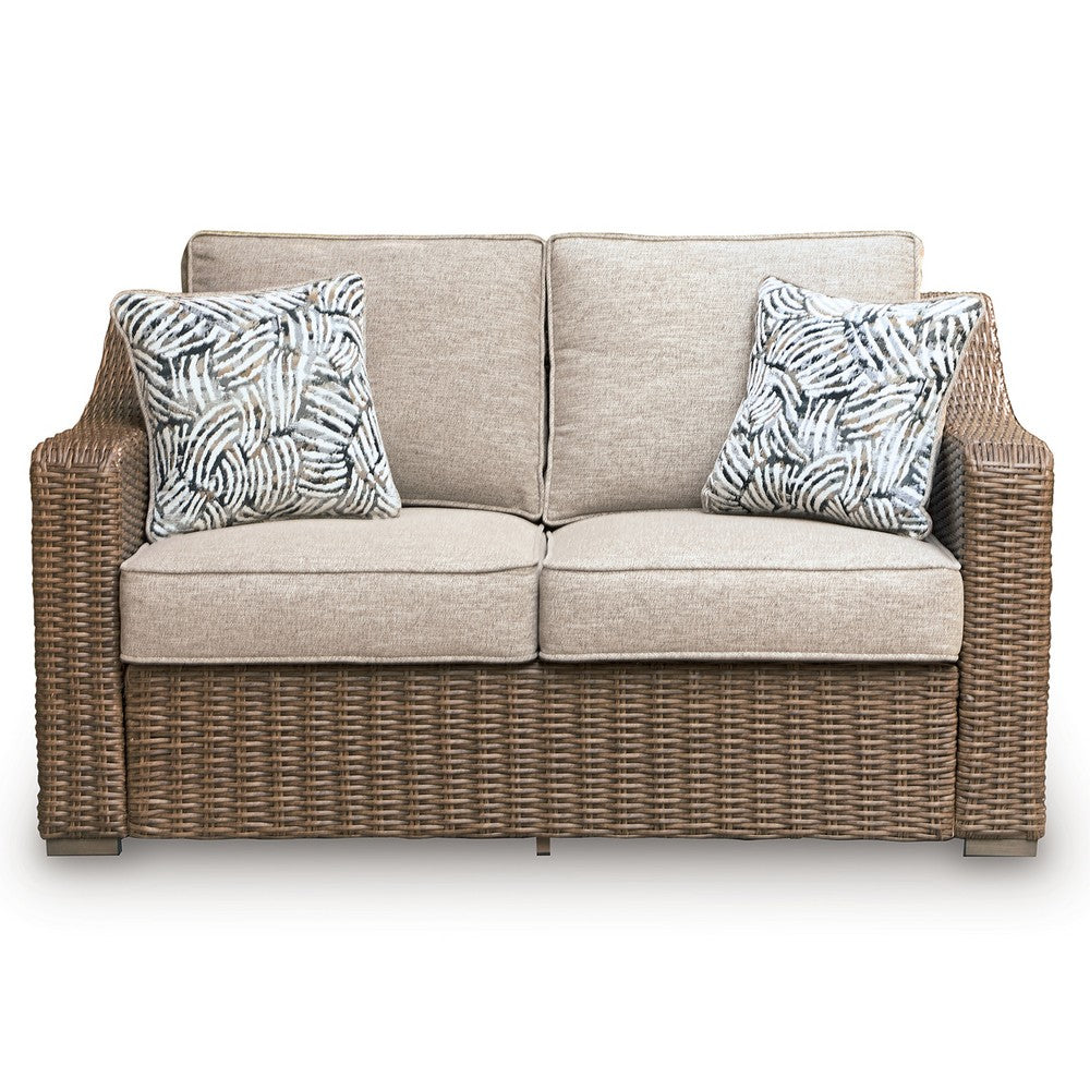 Leso Outdoor Loveseat | 2 Pillows | Beige Cushions | Brown Wicker Rattan 60"