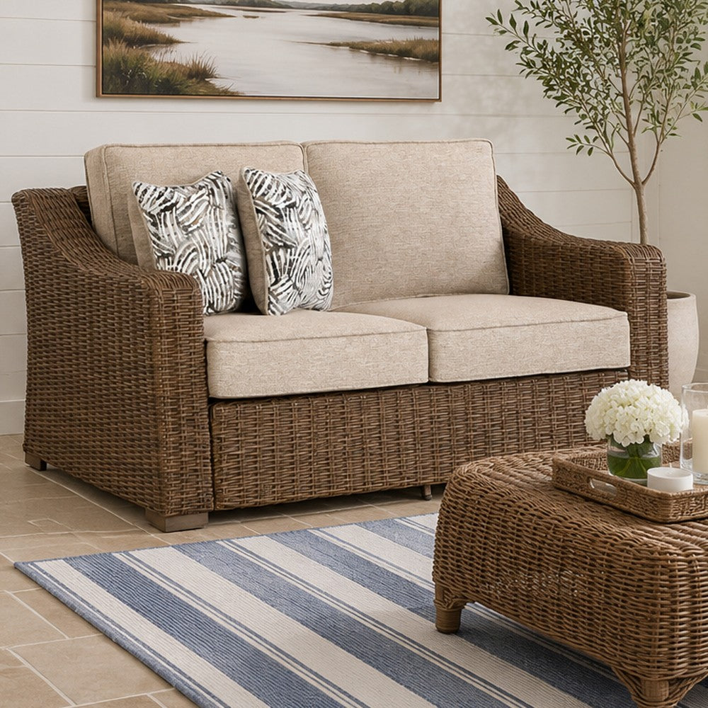 Leso Outdoor Loveseat | 2 Pillows | Beige Cushions | Brown Wicker Rattan 60"