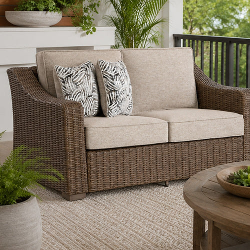Leso Outdoor Loveseat | 2 Pillows | Beige Cushions | Brown Wicker Rattan 60"