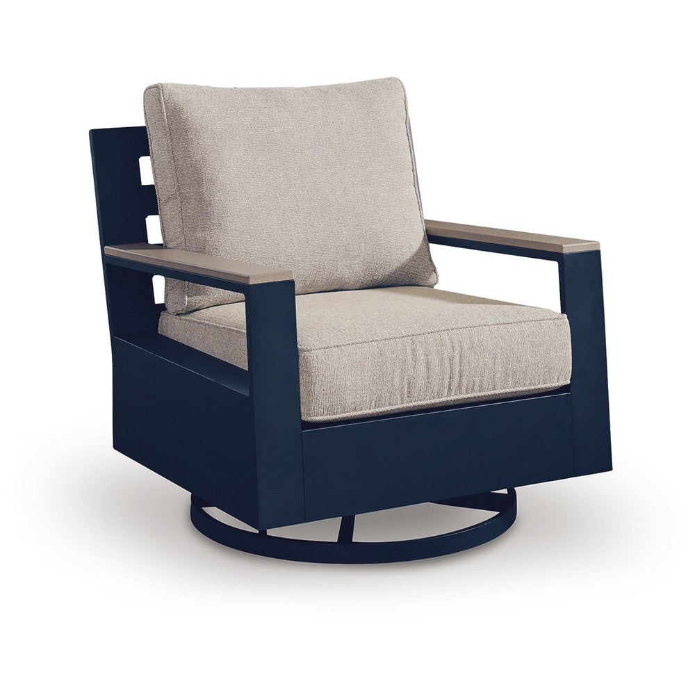 Beco Outdoor Swivel Glider Chair | Beige Nuvella Cushions | Navy Blue Metal