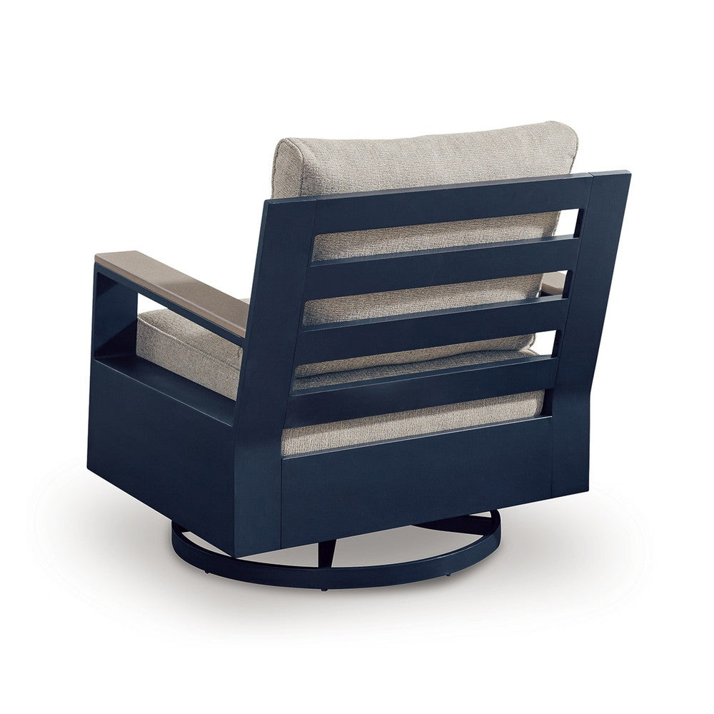 Beco Outdoor Swivel Glider Chair | Beige Nuvella Cushions | Navy Blue Metal