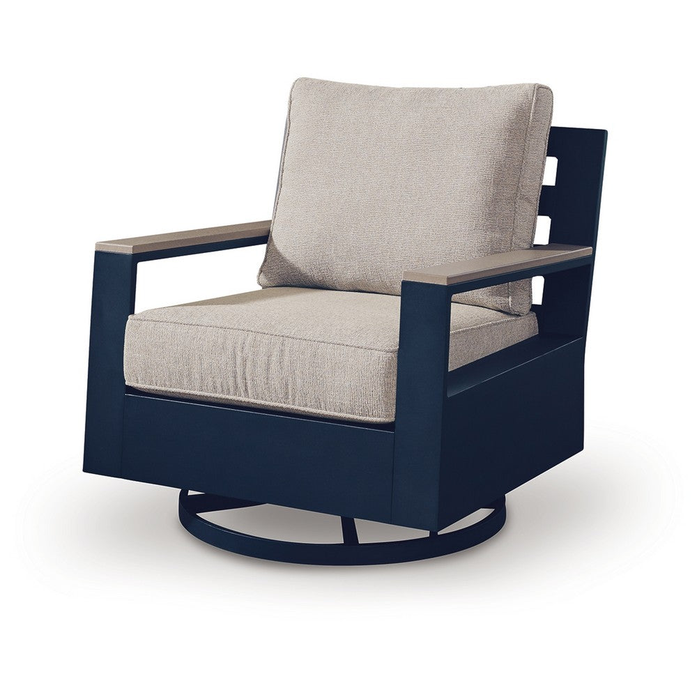 Beco Outdoor Swivel Glider Chair | Beige Nuvella Cushions | Navy Blue Metal