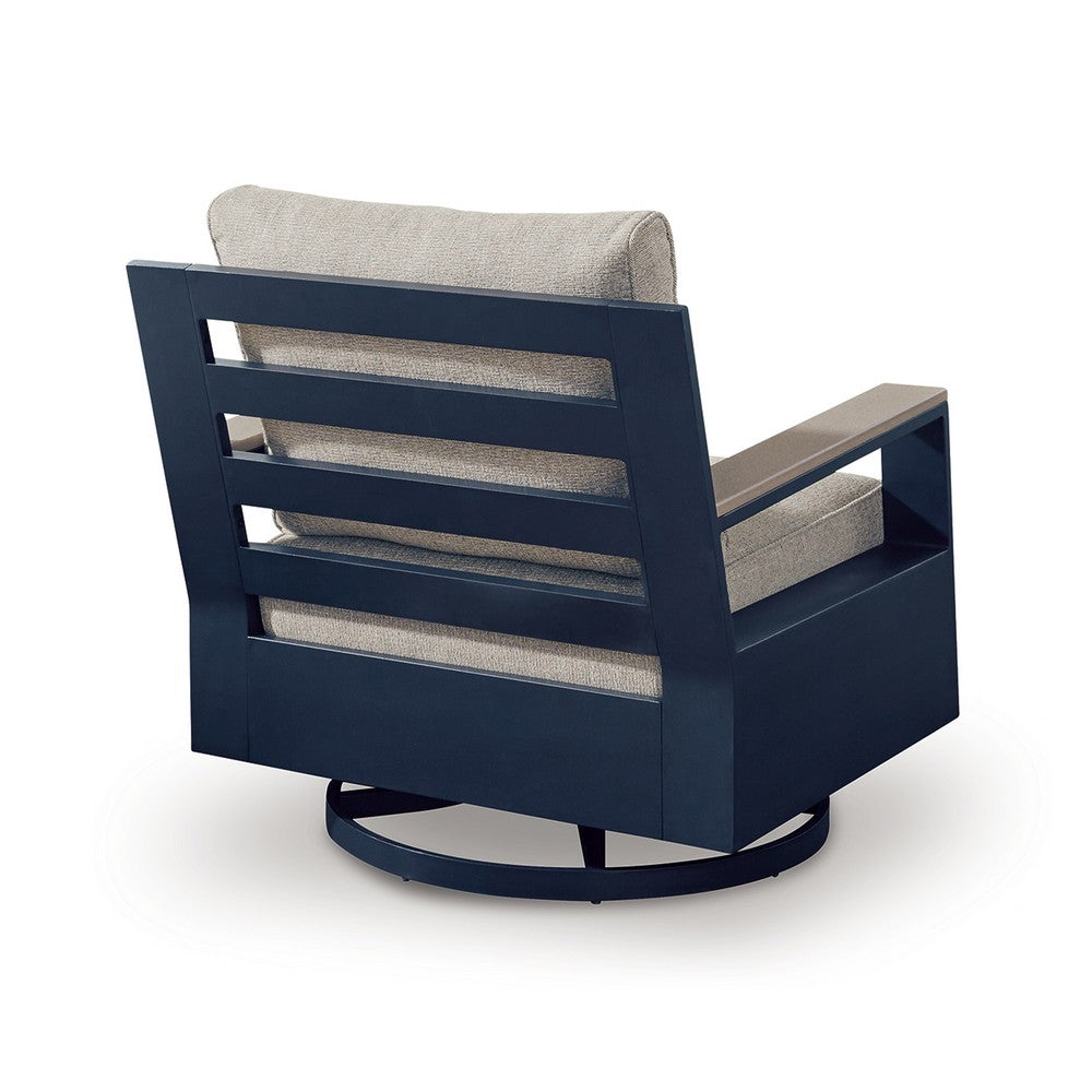 Beco Outdoor Swivel Glider Chair | Beige Nuvella Cushions | Navy Blue Metal