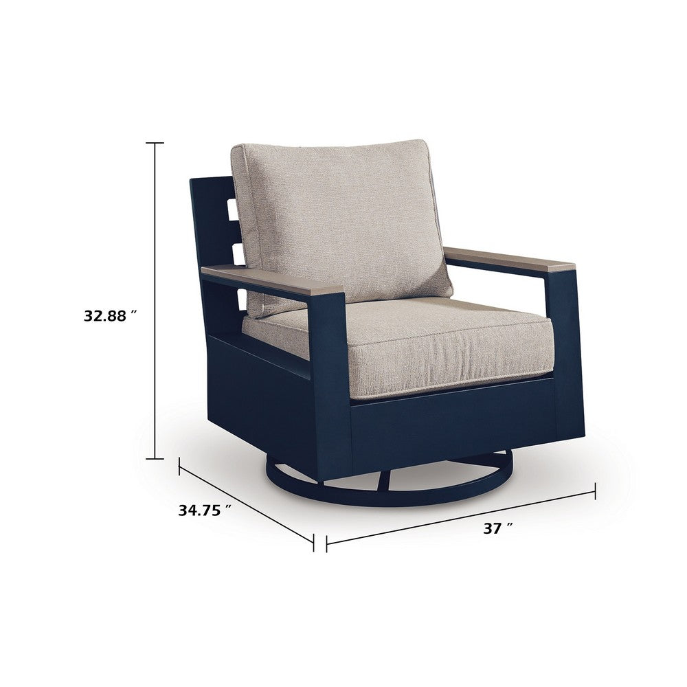Beco Outdoor Swivel Glider Chair | Beige Nuvella Cushions | Navy Blue Metal