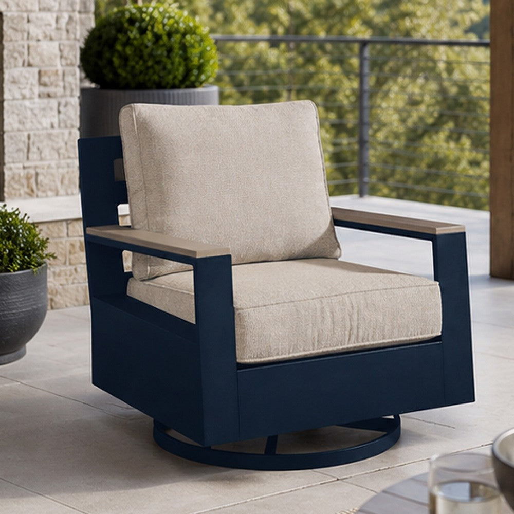 Beco Outdoor Swivel Glider Chair | Beige Nuvella Cushions | Navy Blue Metal
