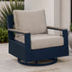 Beco Outdoor Swivel Glider Chair | Beige Nuvella Cushions | Navy Blue Metal